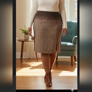 RIANI Plaid Pencil Skirt Size 12 Brown Tan WoolBlend Career Office Tailored Slit